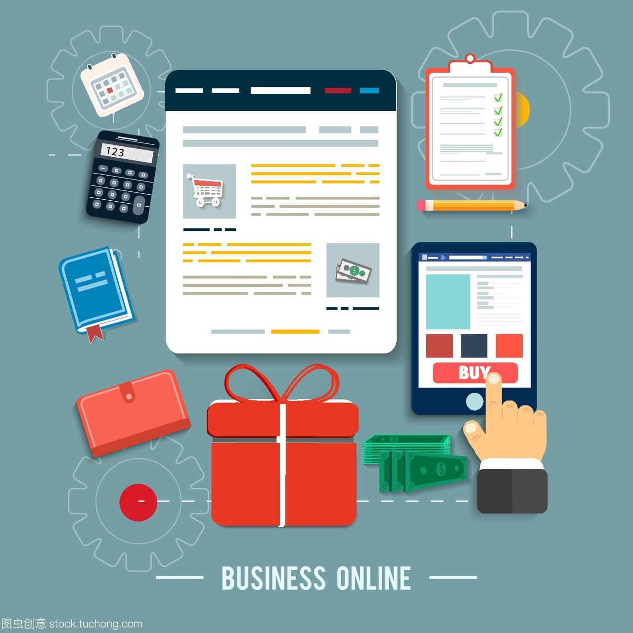 業務網絡圖標。在平面設計中通過網上商店和電子商務思想符號和購物元素購買產品圖標的海報概念